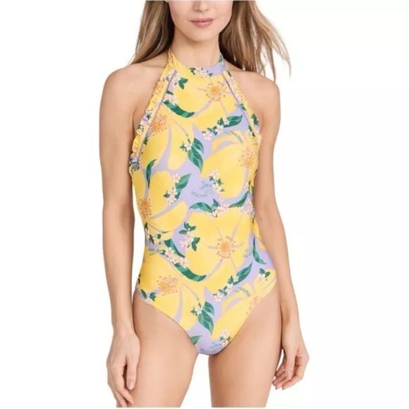 FARM Rio Other - Floral Halter One-Piece Swimsuit - Yellow and Purple